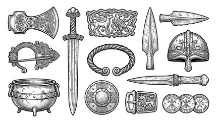 Viking Artifacts Collection: Axe, Sword, Helmet, Shield, Brooch, Coins, Pot © mila