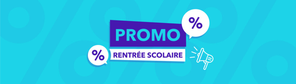 Banni&egrave;re promotionnelle pour la rentr&eacute;e scolaire avec texte promo, symboles de r&eacute;duction et couleurs vives. Id&eacute;ale pour communication commerciale, papeterie, fournitures scolaires, flyer, site web