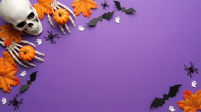 Halloween decorations, skull, pumpkins, bats, spider webs, purple background halloween