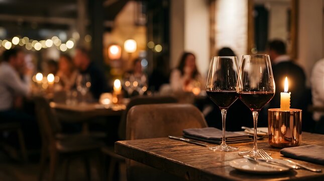 Red wine glasses on restaurant table with candlelight at dinner party