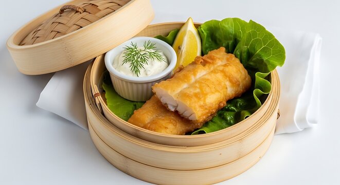 Crispy Fried Fish Fillets Served In A Bamboo Steamer With Tartar Sauce.