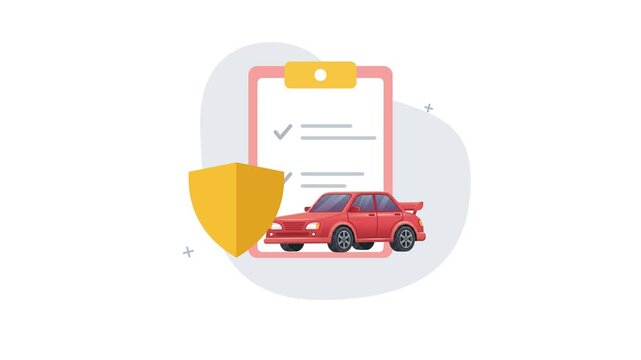 Car Insurance Protection Animation. This animated graphic features a red car, a checklist, and a protective shield, symbolizing vehicle insurance, safety coverage, and auto maintenance services.