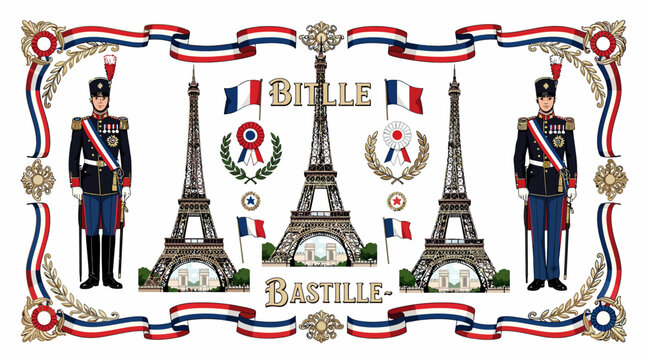 French Bastille Day illustration with Eiffel Tower and soldiers
