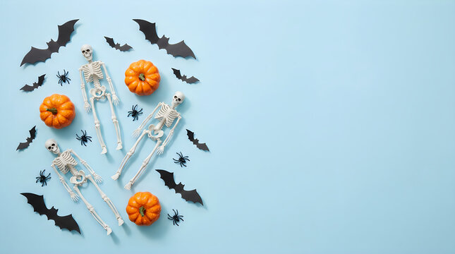 Halloween decorations, skeleton hands, orange pumpkins, black bats, spooky flat lay, blue background halloween