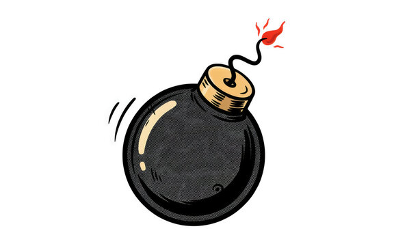 Exploding cartoon bomb with burning fuse during animation isolated on transparent background