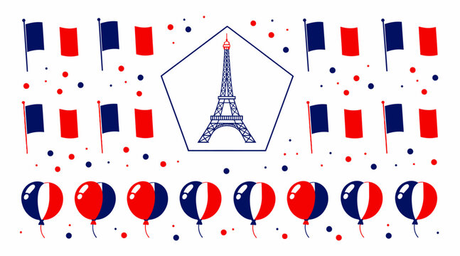 French National Day Celebration: Eiffel Tower, Flags, Balloons, Confetti