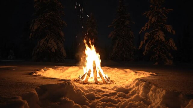 Bright burning campfire glowing in deep winter snow at night forest