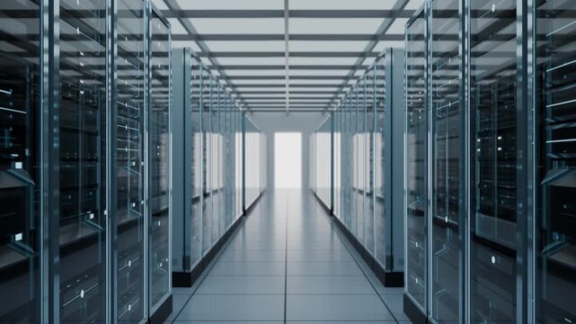Computer server room in data center center corridor, representing cloud computing network infrastructure, big data storage hosting, cyber security mainframes server equipment