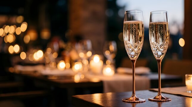 Two crystal champagne flutes on a table at a luxury evening event