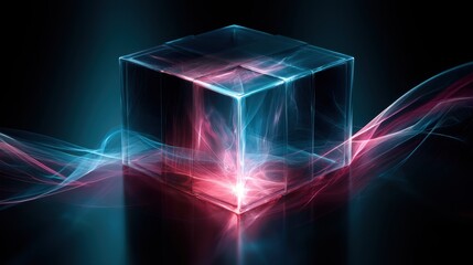Fototapeta premium Abstract glowing glass cube with red and blue light energy waves