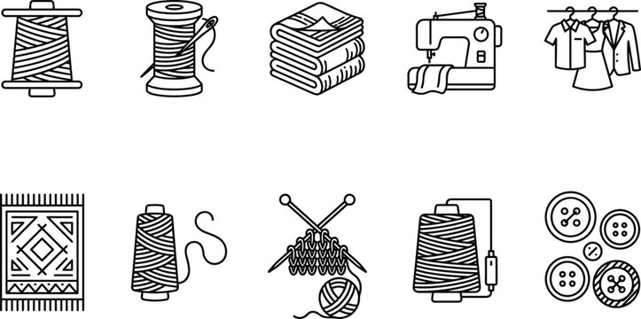 Sewing and tailoring line icons set including thread spool needle textile fabric and clothes manufacturing.