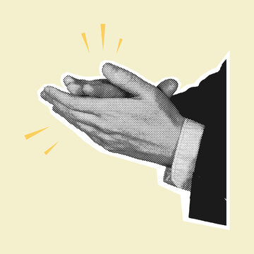 Two halftone businessman hands clapping in applause on light background. Vector illustration with suit sleeves for celebration, success, and approval concepts.