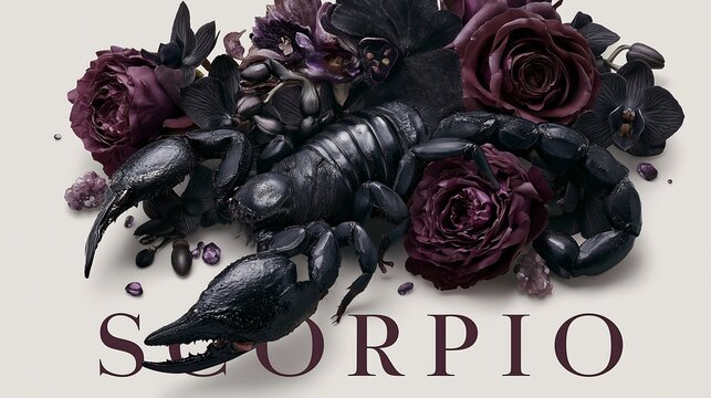 Scorpio symbol combined with dark flowers and a scorpion