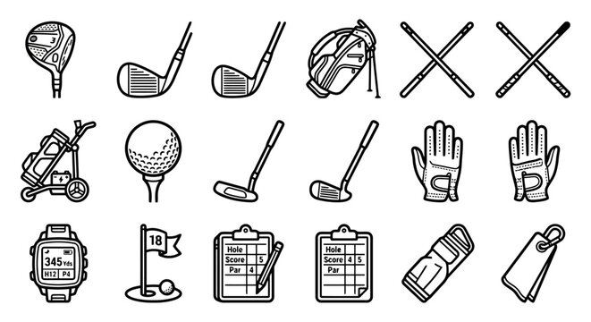 Golf sport equipment icons set showing clubs balls bag flag and scorecard