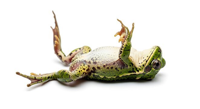 Dead green frog lying on its back isolated on white background.