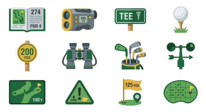 Set of golf course navigation and distance measurement equipment icons