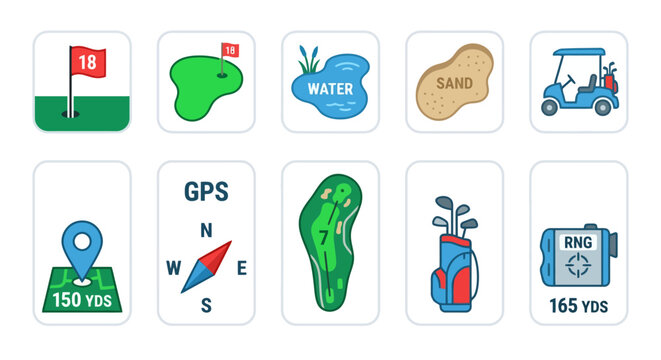 Golf course icons with hole flag, green, location pin and compass navigation