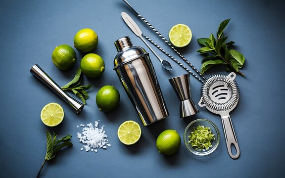 Cocktail making ingredients and tools with limes and mint on blue surface