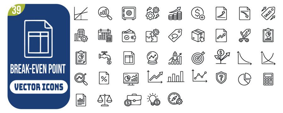 Break Even Point line editable icon set. containing cost analysis, profit margin, sales revenue, financial planning, business model, cash flow, and more. Editable stroke. Vector illustration.