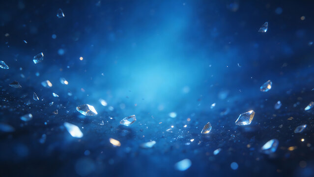 Shimmering crystal fragments in blue light