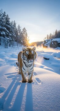Majestic tiger in snowy landscape illuminated by sunlight with trees