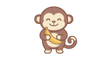 Cute cartoon monkey holding a yellow banana illustration. © bhinar