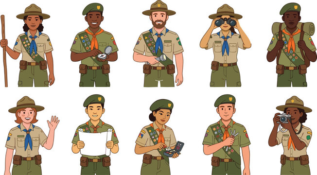Scout leader and scout volunteer vector collection featuring camping uniforms outdoor adventure activities survival skills and youth organization characters