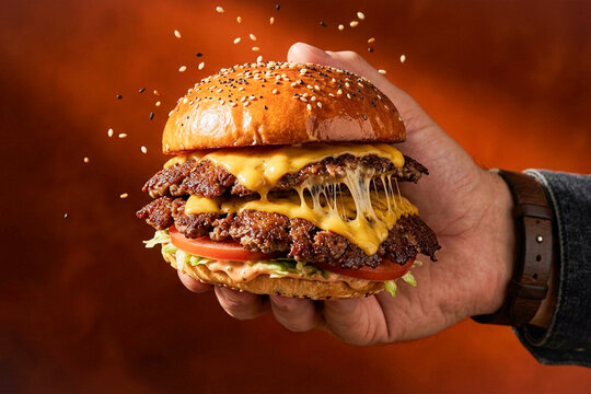 Hand Holding Double Smash Burger with Melted Cheese on Dark Orange Background
A hand holds a stacked double smash burger with melted cheese, lettuce, and tomato as sesame seeds fall around it, shot 
