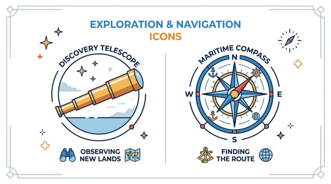 Exploration Navigation Icons: Telescope, Compass, Map, Star Chart