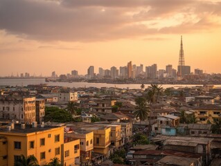 Obraz premium Lagos Nigeria cityscape at golden hour high angle view showing urban sprawl and modern skyline with radio tower