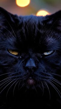 Close-up face of a black cat with heart shape reflections in eyes