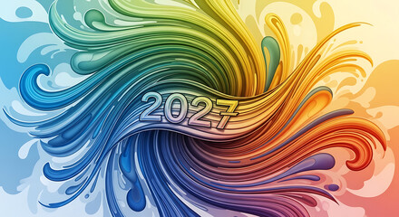 Fototapeta premium The year 2027 over colorful swirling liquid paint