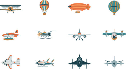 Aviation Vector Set Featuring Vintage Biplane Hot Air Balloon Zeppelin Blimp Seaplane Fighter Jet and Drone Aircraft Illustration Elements © EdGe Creative