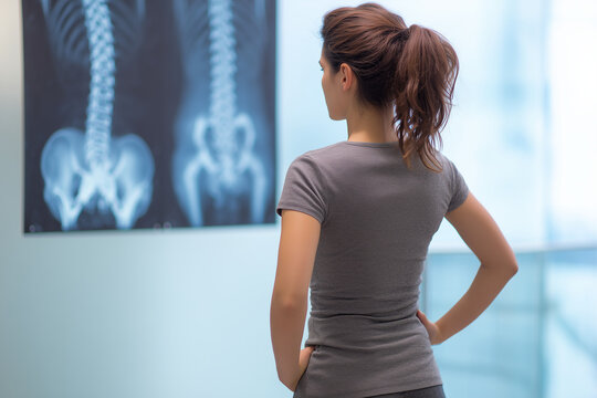 Adult Woman Undergoing Spine Examination with X-Ray Imaging, Orthopedic Assessment and Spinal Health Diagnosis