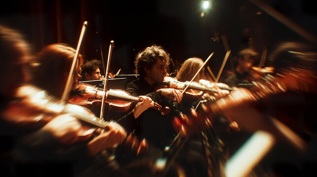 Classical orchestra with violinists playing strings under warm golden stage lighting in motion.music performance, cultural events