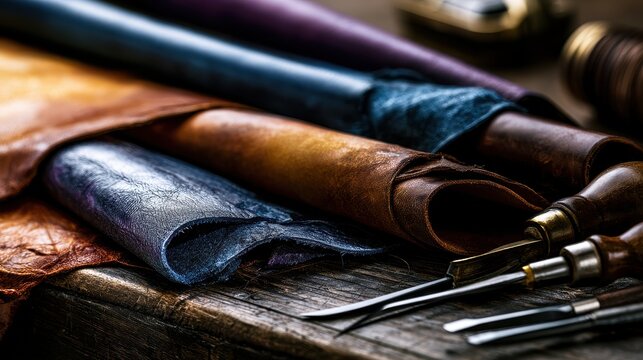 Leather crafting tools and rolls of colorful leather on a rustic wooden workshop table