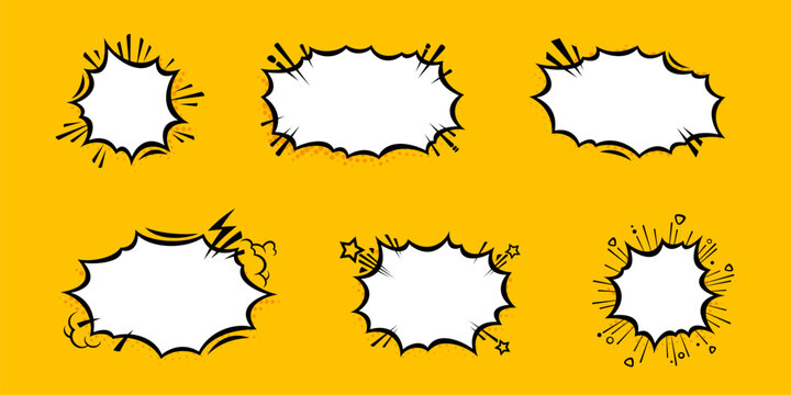 Manga burst bubble with dynamic pop comic speech effect and yellow background. Bold frame with text emphasis shapes, cartoon boom vectors and expressive balloon elements for action dialogue scenes.