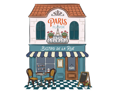 French bistro illustration, Paris cafe storefront, vintage European restaurant, street bakery, cafe architecture, travel poster art