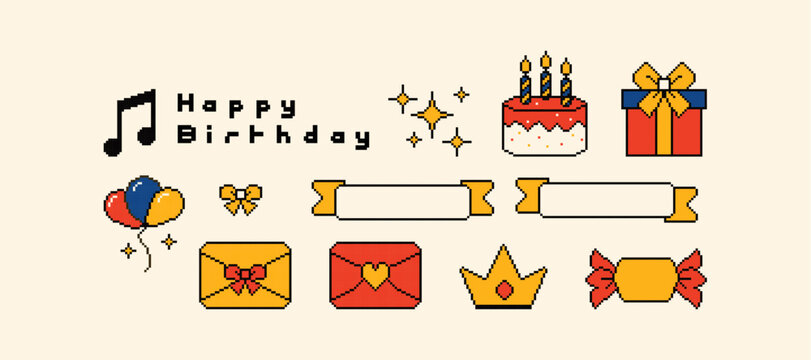 Pixel birthday congratulations art with retro game icons of gifts, party cake and balloons. Cute 8 bit celebration design with candy, ribbon banners and pixel crowns for festive arcade event card.