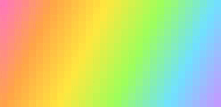 Pixel gradient background with rainbow geometric texture and colorful mosaic pattern. Abstract square colorful dots create retro 8 bit arcade game aesthetic with vibrant neon grid design.