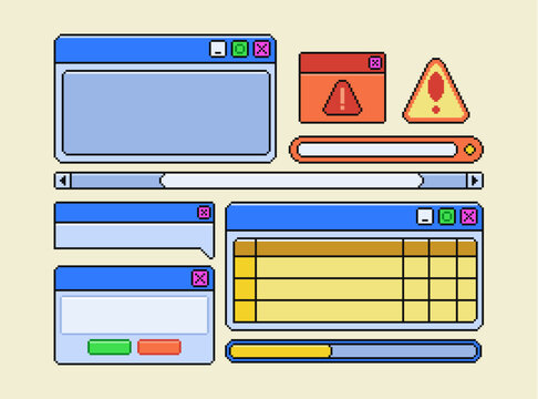 Pixel art y2k ui window set with retro frame icons and game elements. Vintage internet computer interface - browser screens, desktop backgrounds and pixelated design for nostalgic 90s web aesthetic.