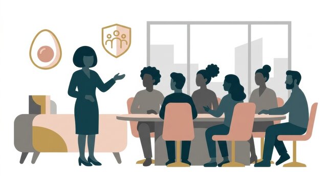 A manager discusses fertility plans with a group of employees in a corporate meeting space emphasizing family building support at work