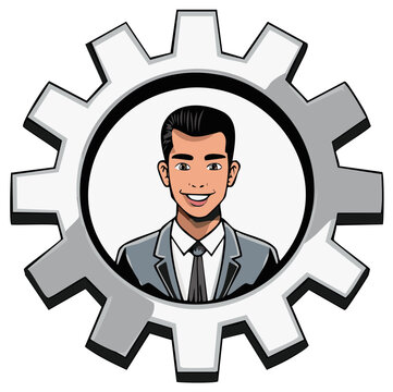 Businessman inside gear wheel, illustration of concept and teamwork