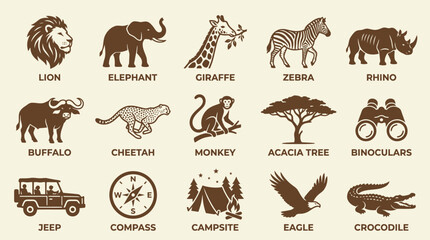 African safari animal and adventure icons with labels. © ahmad