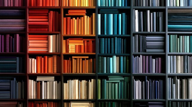 A library bookshelf organized by color gradient rainbow aesthetic