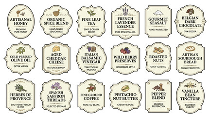 Obraz premium Vector Labels For Artisan Food Products Gourmet Seasonings, Herbs, Spices, Coffee, And More For Food Packaging Design