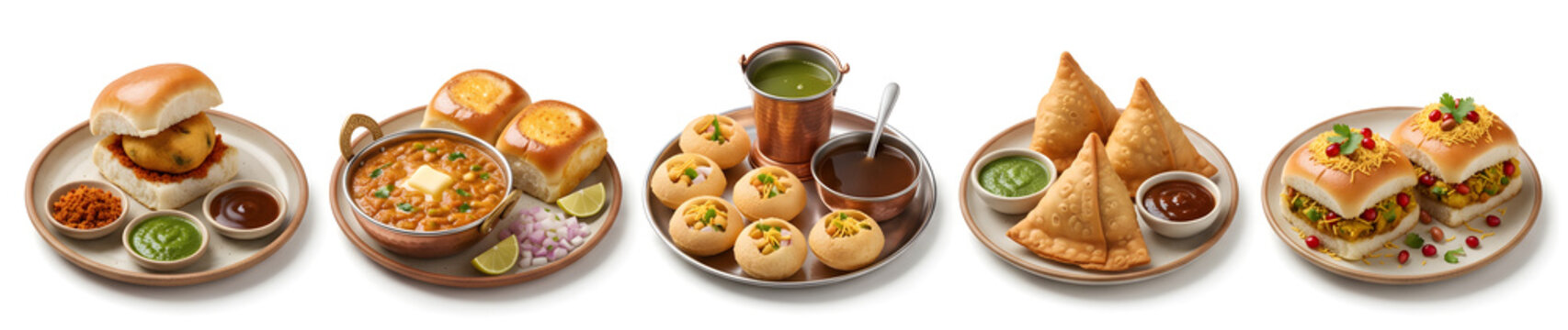 Indian street food including vada pav, pav bhaji, pani puri, samosa, and dabeli are served on individual plates.