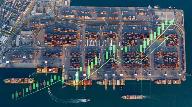 Aerial port terminal layout with an upward trending green candlestick stock market chart. Global trade and logistics growth concept suitable for supply chain banners.