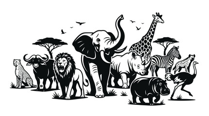 Black and white group of African safari animals. © ahmad