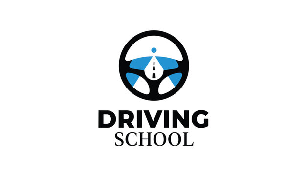 Professional Driving School logo featuring a black steering wheel enclosing a perspective view of an asphalt road.